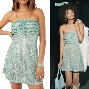 FREE PEOPLE Frida Seafoam Green Sequin Ruffle Dress (Size 10) -  MSRP $168